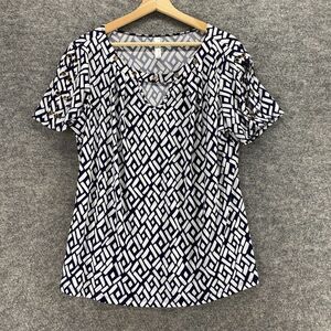 PerSeption Concept Blouse Women XL Black Geometric Short Sleeve Round Neck